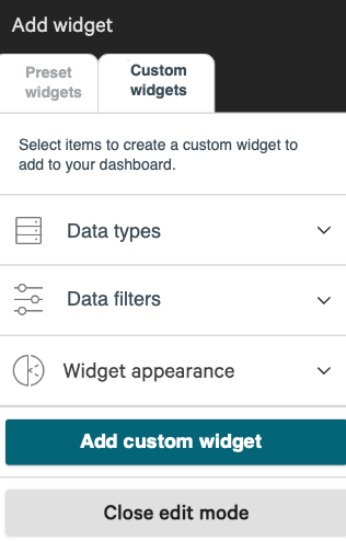Simplified Custom widgets tab with instructions and three collapsible categories — Data types, Data filters, and Widget appearance — above an Add custom widget button.