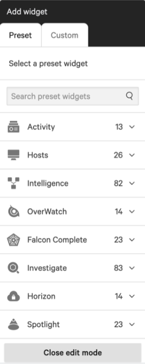 Original Add widget panel showing a long, flat list of preset widget categories with no guidance on where to start.