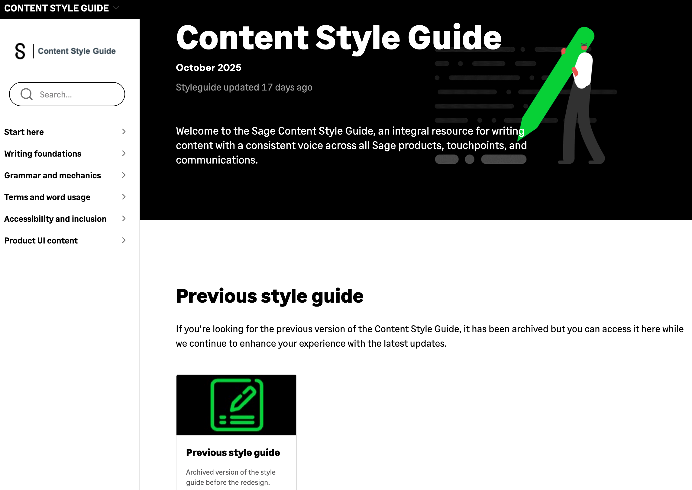 Redesigned Content Style Guide with a left sidebar organizing content into six sections, including a new Product UI content section.
