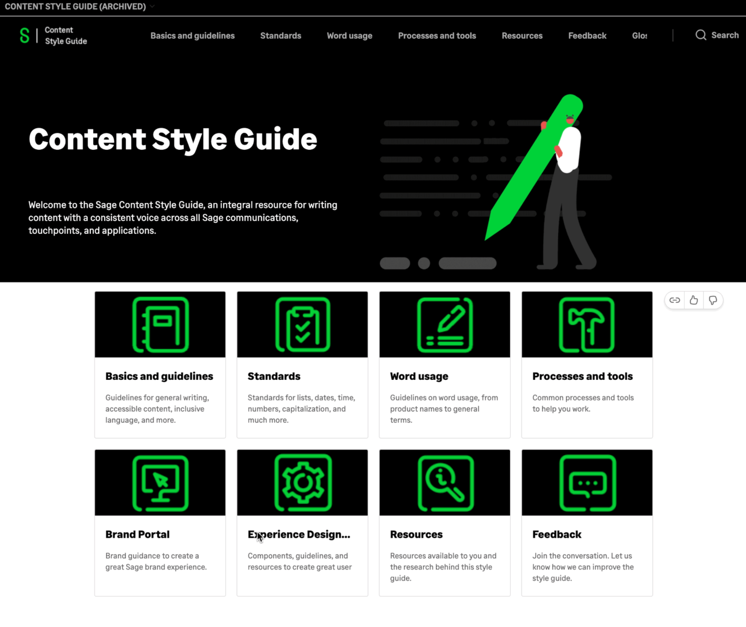 Original Content Style Guide landing page with a crowded top navigation bar and eight tiles, leaving no room for new sections.